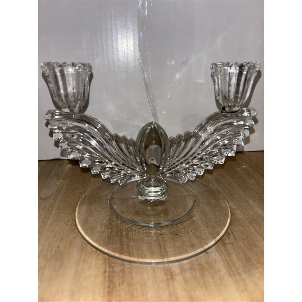 Set Of Two Art Deco Pressed Glass Winged Double Candle Holders Clear Angel Bird